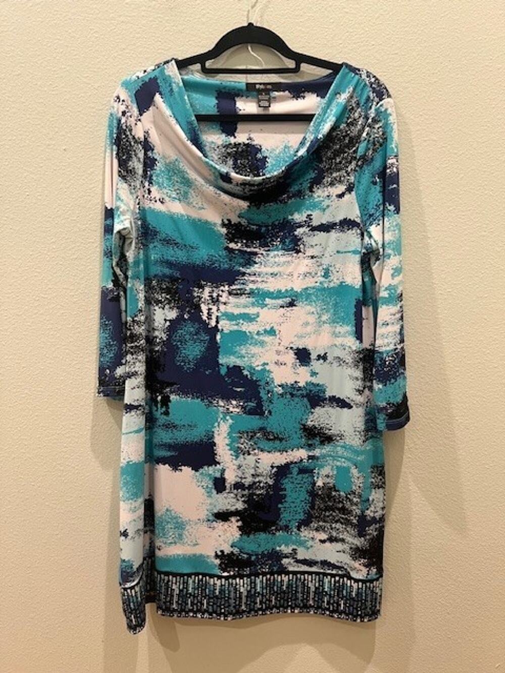 Style & Co Woman XL Cowl Neck Turquise, Blue and White 3/4 Sleeve Slip Dress